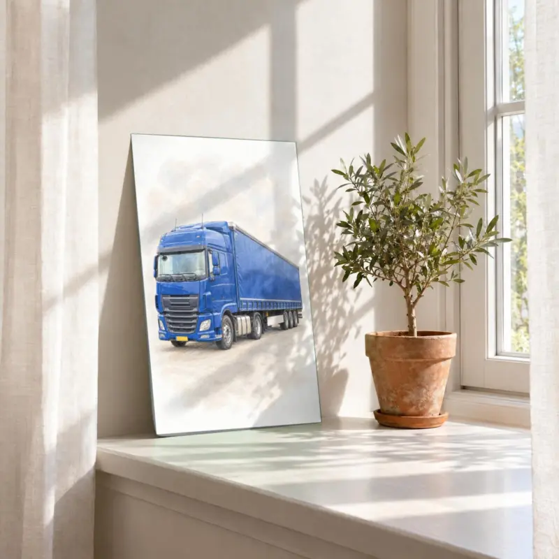 Vrachtwagenportret in pastel als losse print, in de vensterbank