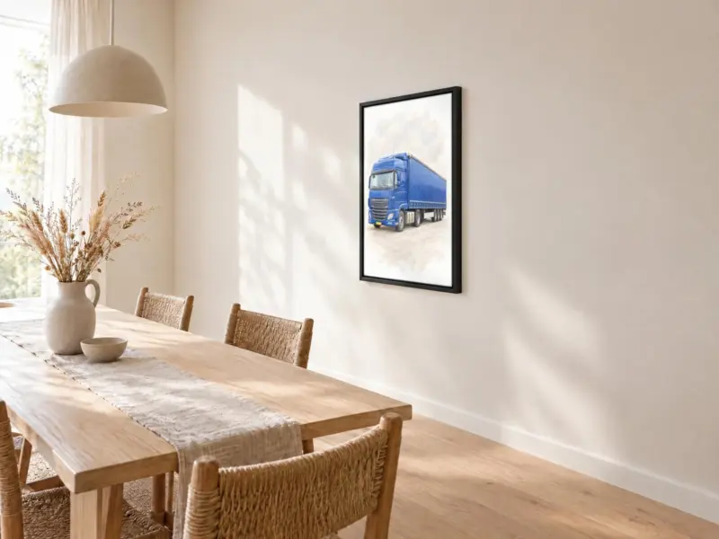 Vrachtwagenportret in pastel op canvas in een zwarte baklijst, bij de eettafel