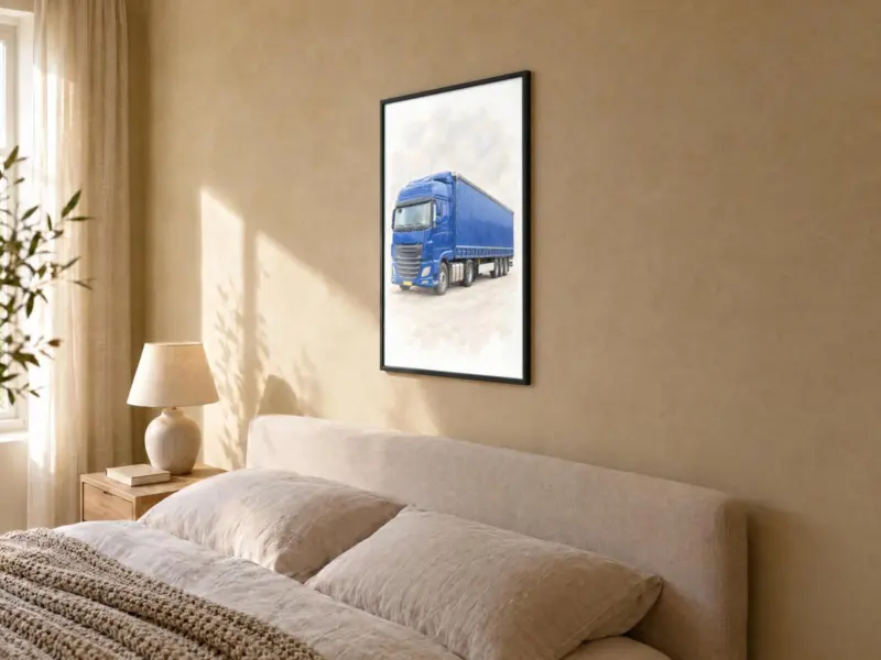 Vrachtwagenportret in pastel in een zwarte lijst, in de slaapkamer